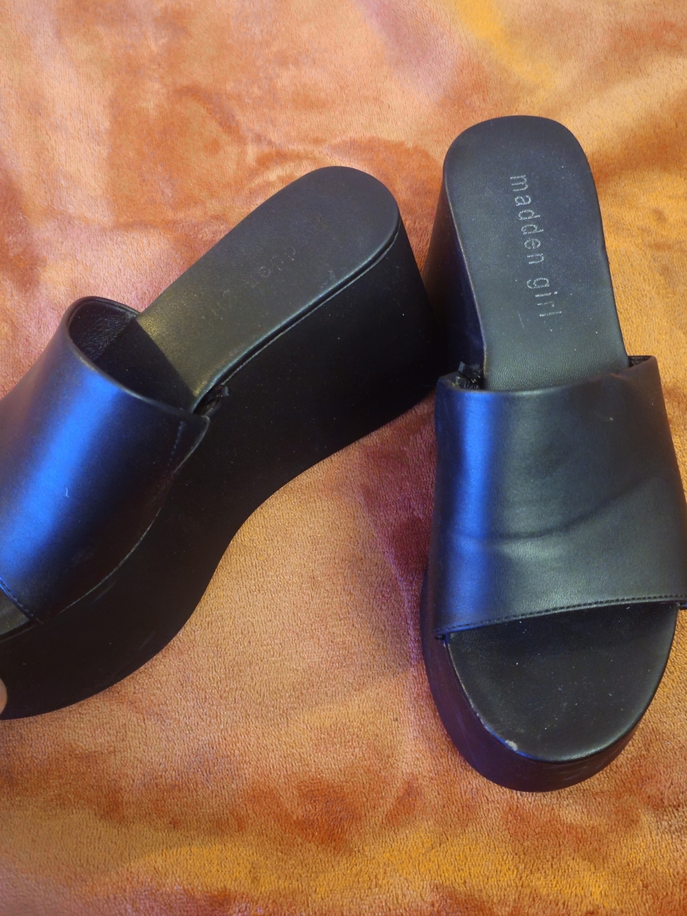 Madden Girl Black Leather-Look Platform Slide Sandals